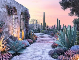 Fototapeten Stone pathway through a desert garden at sunset © Ahmad