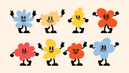 Editable logo templates and graphic vector elements for branding kits, advertising campaigns, posters and digital banners, with abstract stickers and cartoon mascots.