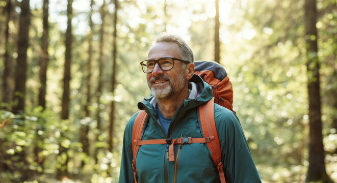 Mature caucasian male hiking in forest with backpack on sunny day