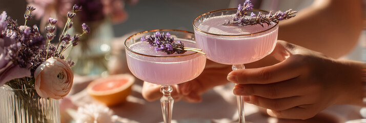 Elegant mocktails adorned with lavender served in a bright afternoon setting