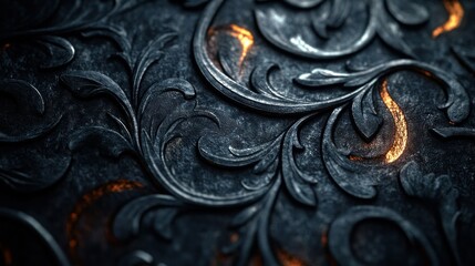 Dark, ornate metal, intricate design with glowing accents