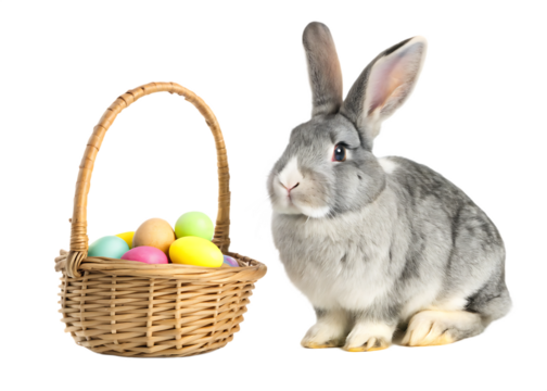 easter bunny with basket  eggs isolated on white background PNG