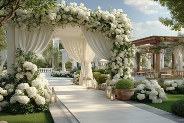 Magical wedding ceremony setup under lush greenery in serene garden