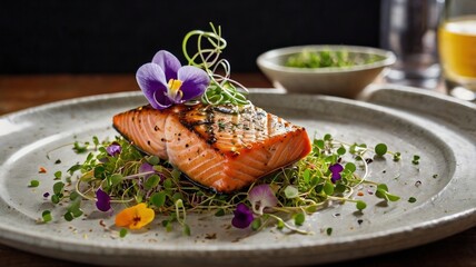 Grilled salmon on a bed of microgreens, edible flowers, abstract brushstroke sauce plating.