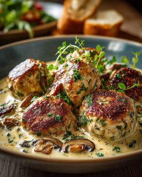 Luscious boulette dish served in a creamy mushroom sauce with herbs