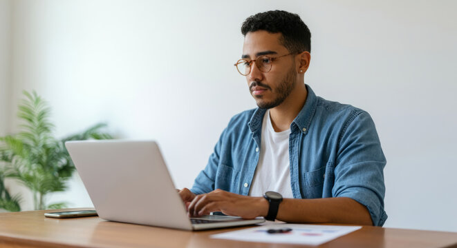 Young hispanic male working on laptop at desk in casual setting