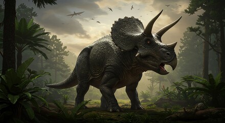 Fototapeta premium Triceratops Dinosaur Roaming Prehistoric Landscape 