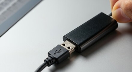 Close-up of usb cable connection to black adapter on gray surface