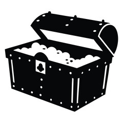Silhouette shows open treasure chest overflowing with coins against white, representing hidden wealth