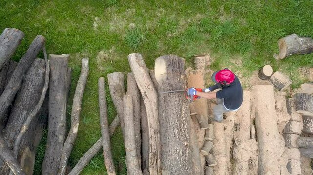 Lumberjack with a chainsaw cutting trees in the forest. Preparing firewood for winter. Top down view. Aerial view from drone
