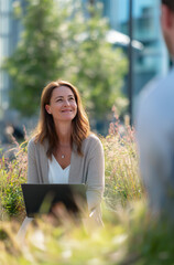 Smiling Businesswoman Outdoors with Laptop in Bright Natural Light Scene