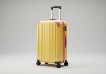 A yellow suitcase with a retractable handle and pink accents sitting isolated on white background
