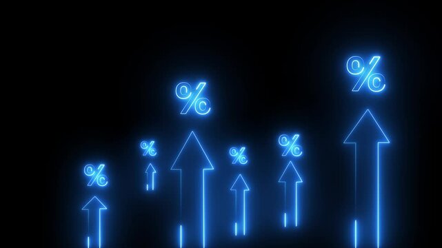 Interest rate increase concept. Businessman use a Neon up arrow  with percentage symbols and upward arrows, symbolizing rising interest rates. financial growth, dividend yield, income, expenses