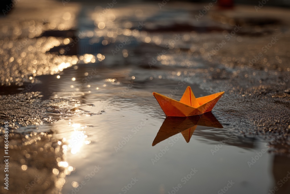 Poster delicate paper boat floating serenely in a puddle reflecting golden sunlight during a peaceful after