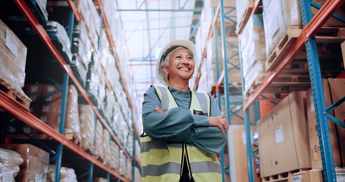 Warehouse, confidence and woman in logistics inventory with boxes, arms crossed and stock management. Low angle, smile and mature worker in cargo storage, global export and supply chain distribution