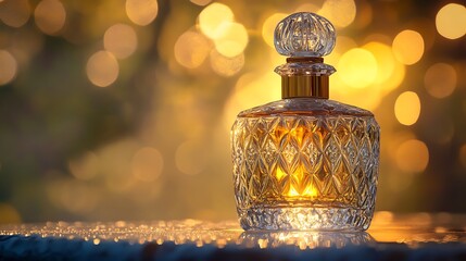 Elegant perfume bottle showcased against a golden bokeh background.