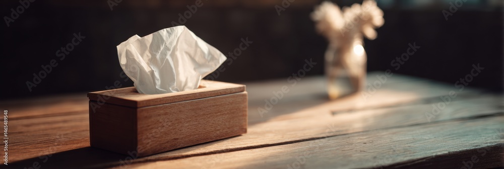 Aufkleber Tissue Box on Wooden Table Illuminated by Soft Light Creating a Calming Atmosphere in the Room Generative AI