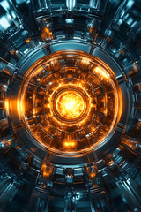 Obraz premium Inside nuclear fusion reactor glowing core detailed mechanical structure radial symmetry