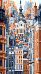 Obraz premium Autumnal cityscape, layered buildings of varying hues and architectural styles, featuring a prominent, domed structure in the middle ground. Fall foliage decorates the hills