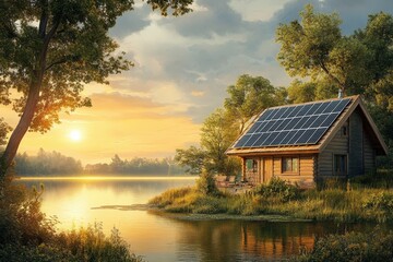 Obraz premium Idyllic wooden cabin by a lake at sunset with solar panels.