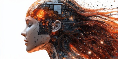 Detailed side view of a humanoid robot woman with intricate internal machinery and glowing orange circuits against a white background