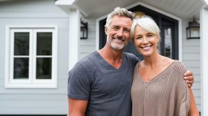 Fototapeta premium Mature loving couple embraces in front of their home, radiating happiness and togetherness.
