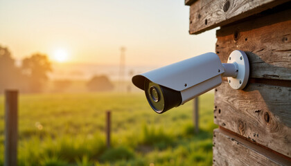 Security Camera Monitoring Sunrise Over Green Field  