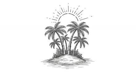 Tropical island scene illustration of palm trees and sun in a vintage style