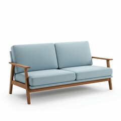 Tufted blue sofa with wooden frame on white