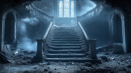 Decayed grand staircase in an abandoned mansion, bathed in ethereal light.   © SUTRININGSIH