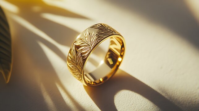 Elegant gold ring, intricate design, delicate pattern.