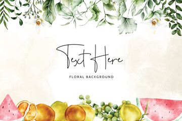 Watercolor Fruits and Floral Arrangement Background Template © mariadeta