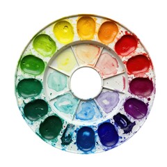 Round artist palette with paint colors on white background