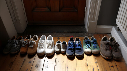 Family Footwear Array: Shoes Lined Up by the Door