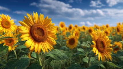 Sunflowers blooming in a field under a cloudy blue sky