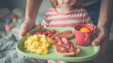 Breakfast in Bed for a Child: Scrambled Eggs, Bacon, and Tomato