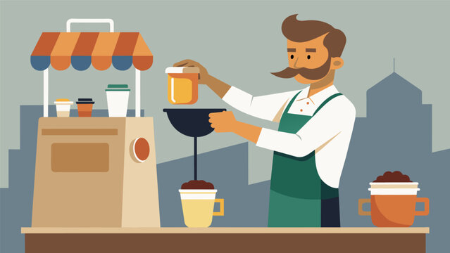 A busy street vendor expertly blending espresso and sweetened condensed milk in a portable hand mixer the enticing smell luring passersby towards his stand.. Vector illustration