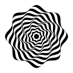 Black and white optical illusion abstract spiral shape with hypnotic swirl effect, psychedelic geometric pattern creating visual motion distortion for creative graphic design