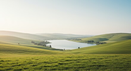 Picturesque landscape of rolling green hills and calm lake under clear sky, tranquil nature scene for travel brochure, advertising, and wall art