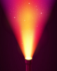Vector Flashlight Emitting Glowing Orange and Pink Light with Sparkles on Dark Red Background