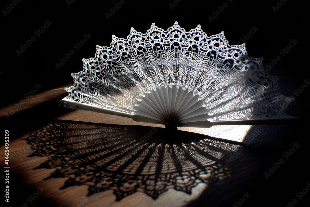 Leinwandbilder intricate shadow of a white paper fan cast on a wooden surface in delicate light generative ai