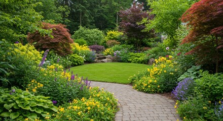 Naklejka premium Lush residential garden with a curving brick paver path through colorful flower beds and shrubs on a bright summer day for home and garden concept