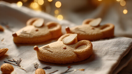 Fototapeta premium Adorable cookies shaped like mice with almond ears and minimalistic features, placed on a festive background.