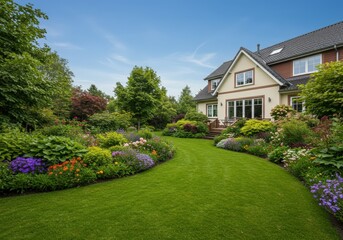Beautiful suburban house with lush green lawn and colorful flower garden landscaping designed for spring and summer seasonal outdoor living at home