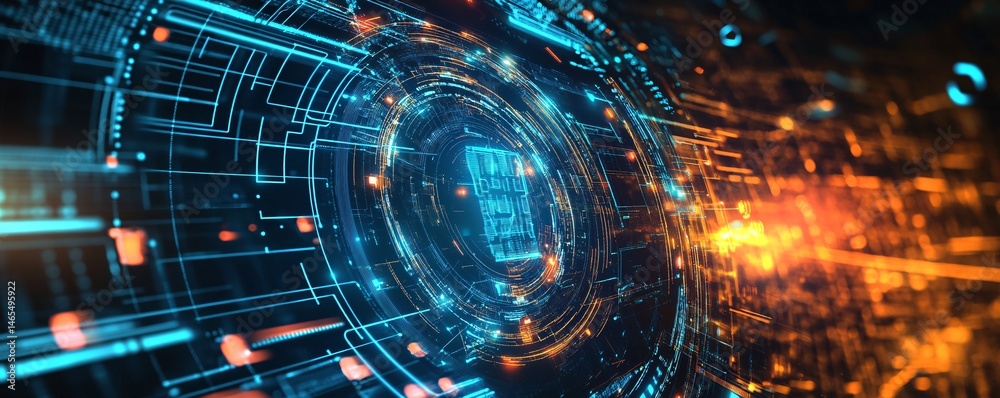 Fototapete Futuristic technological background showing rotating core cpu processing data