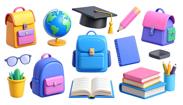 3d School and education icons 3d render vector set. School bag, globe, open book, brush, pencil, pen, graduation hat, glasses,back to school, book, brush, classroom, college, creativity, education,