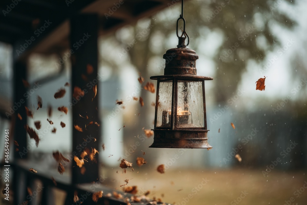 Poster old lantern hanging on porch as leaves swirl gracefully in the autumn breeze at dusk generative ai