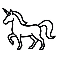 Single black line drawing displays a simple, elegant unicorn standing gracefully