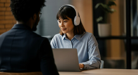 Asian female using laptop and headphones in office meeting with african male colleague
