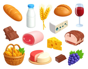 Food cartoon 3d  icon set. Ear of wheat, milk, meat, fish, cheese, grapes, chocolate, glass of wine,meat, milk, cartoon, illustration, cheese, food and drink, vector, food, colors, 